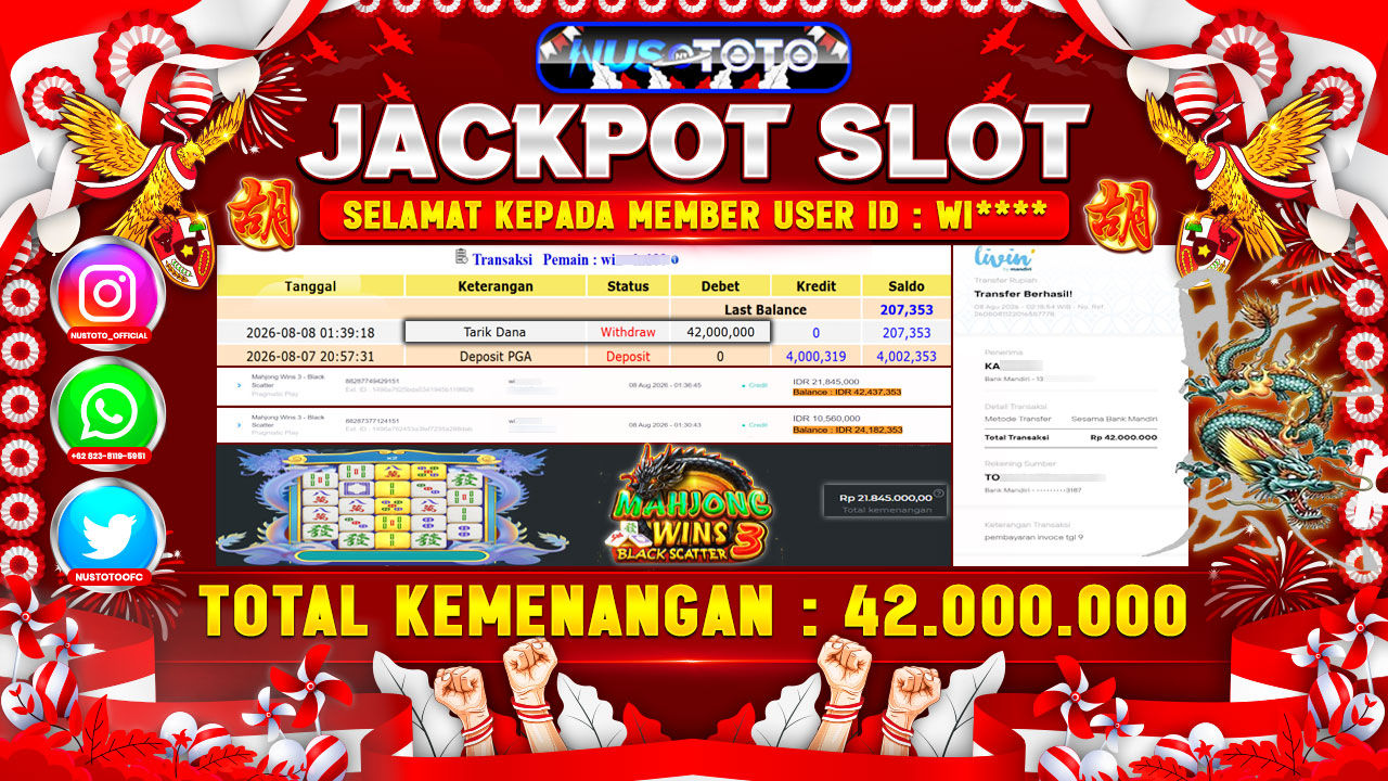 JACKPOT !! MENANG BESAR DI PERMAINAN MAHJONG WINS 3 - BLACK SCATER  Rp. 42.000.000 LANGSUNG DI BAYAR LUNAS NUSTOTO !!