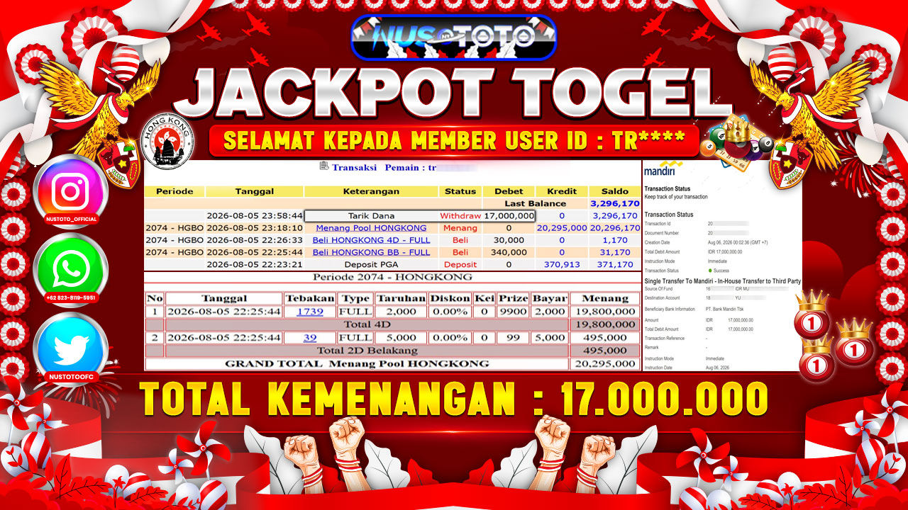 JACKPOT !! MENANG BESAR DI TOGEL HONGKONG  Rp. 17.000.000 LANGSUNG DI BAYAR LUNAS NUSTOTO !!