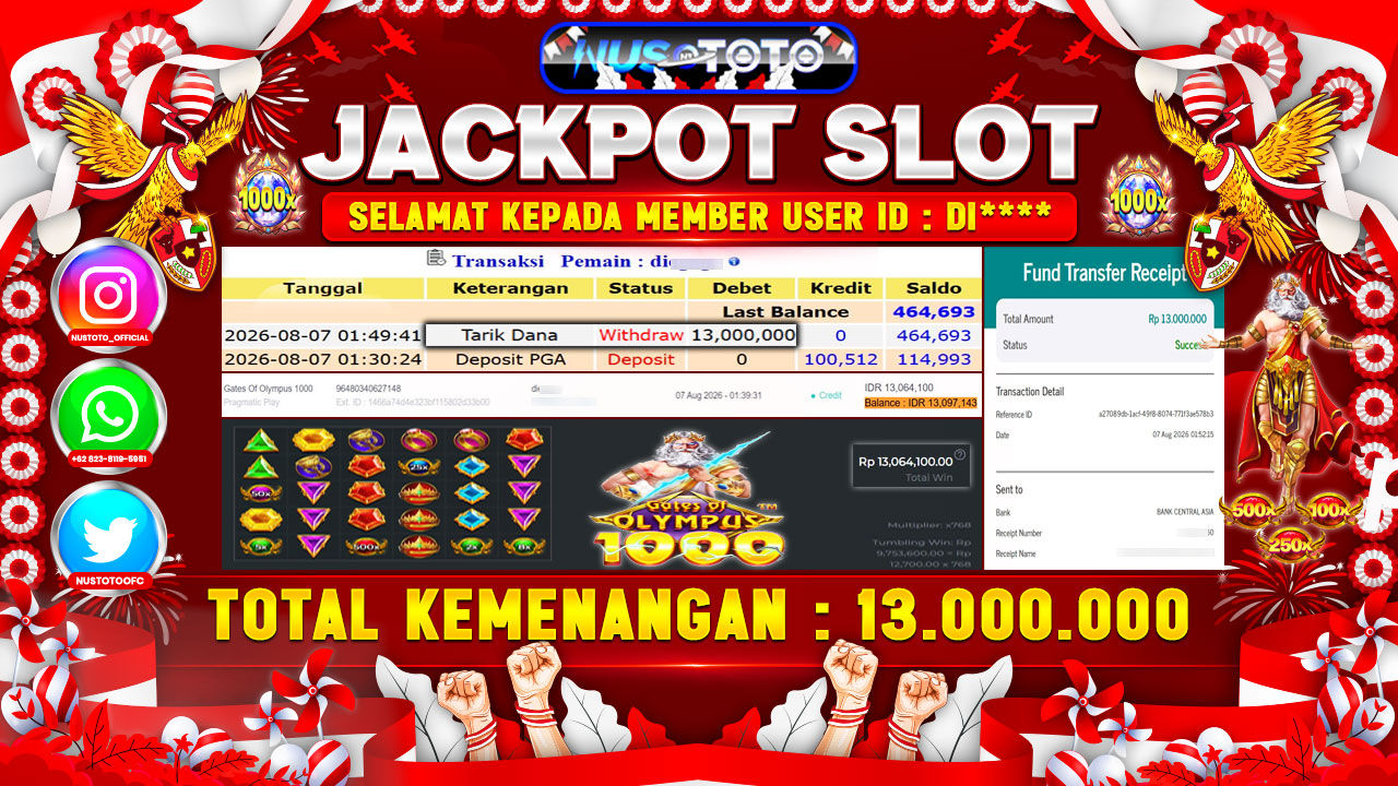 JACKPOT !! MENANG BESAR DI PERMAINAN GATES OF OLYMPUS 1000  Rp. 13.000.000 LANGSUNG DI BAYAR LUNAS NUSTOTO !!
