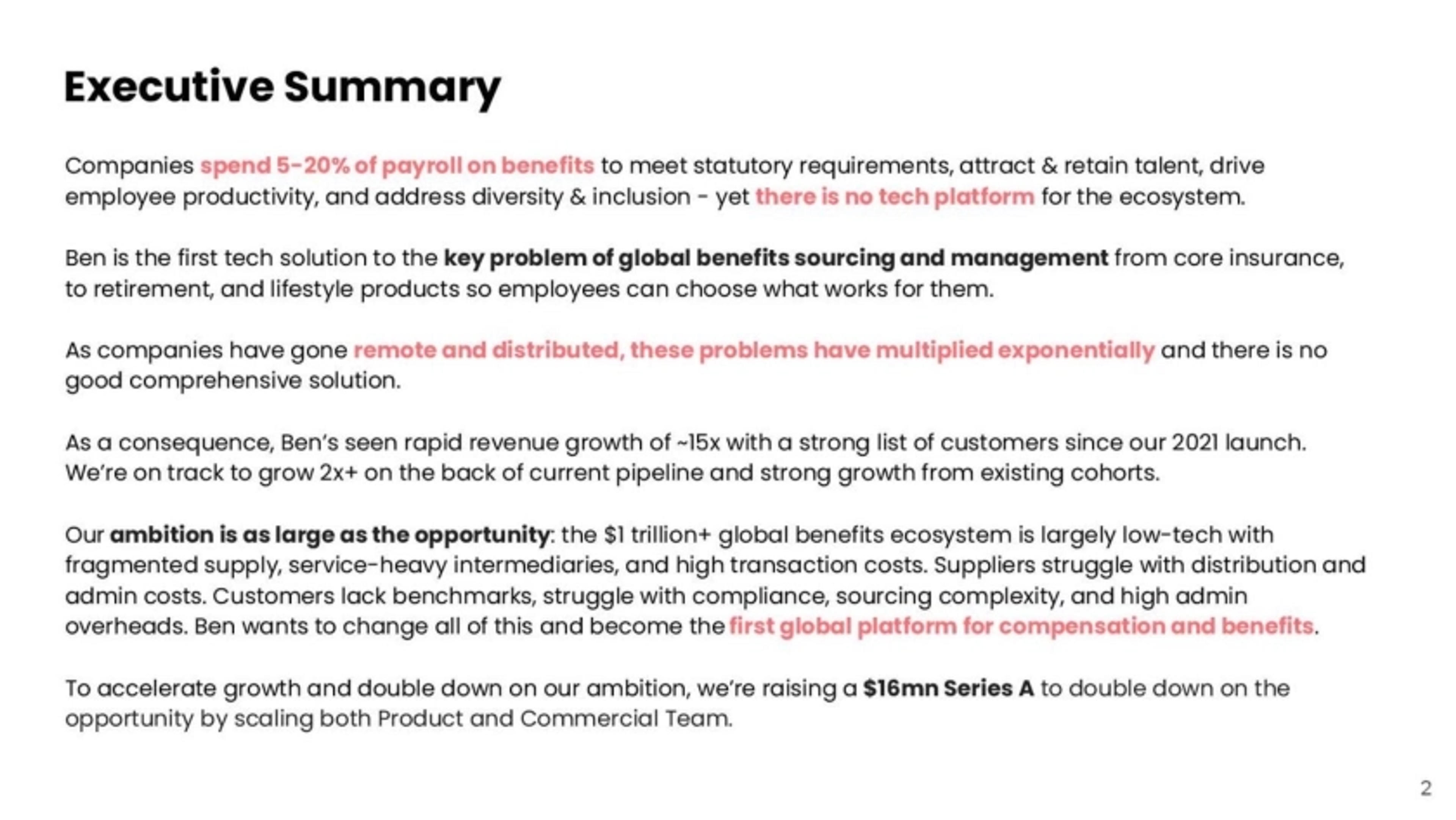 Ben Deck - Page #2 - Executive Summary Slide