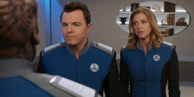 Seth MacFarlane as Ed Mercer and Adrianne Palicki as Kelly Grayson in The Orville