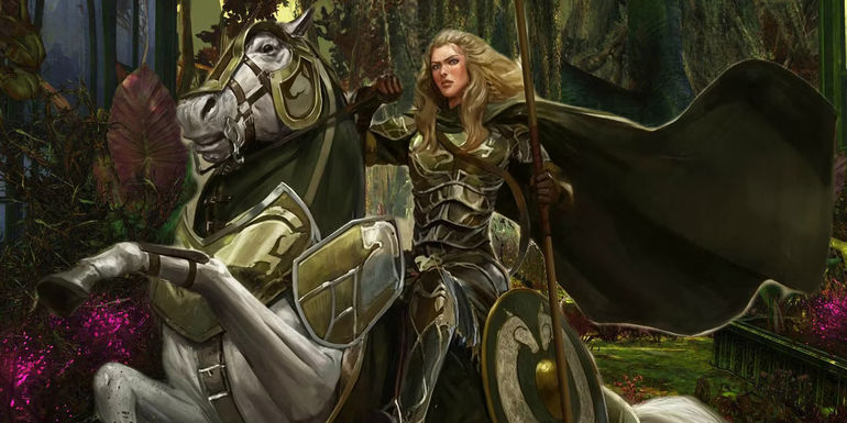 Rider of Rohan art from Lord of the Rings Online depicting a female warrior on a horse wearing armor and wielding a spear.