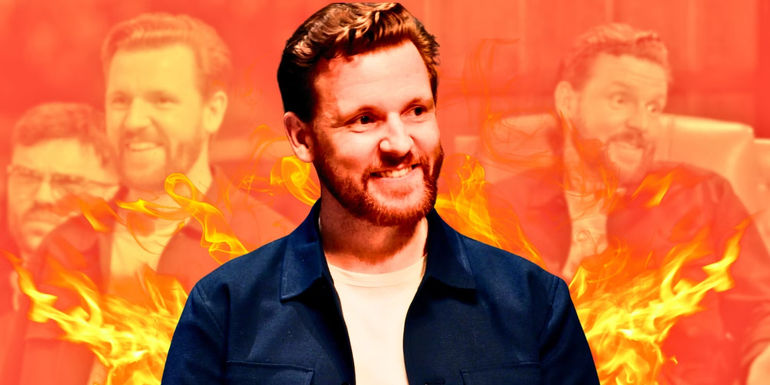 Montage of The Traitors UK Season 2's Paul Gorton, with fire behind him and orange background