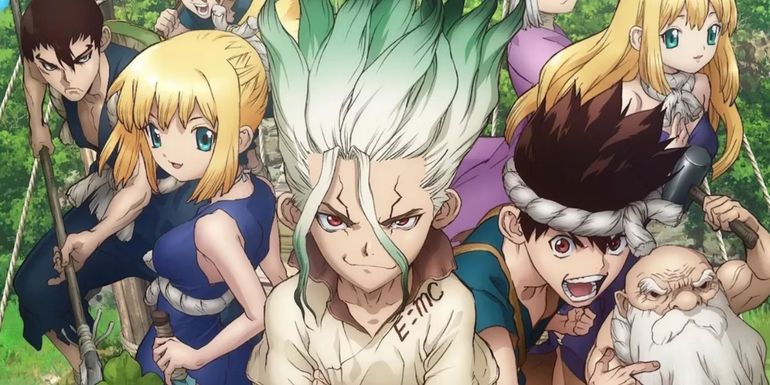 Dr. Stone anime key art featuring Senku with his supporting cast behind him.