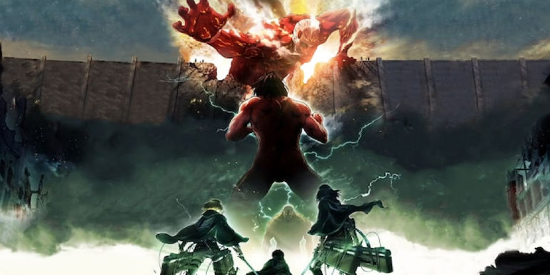 Attack On Titan poster featuring Mikasa and Armin at ground level while Eren fights the colossal titan in his attack titan form.