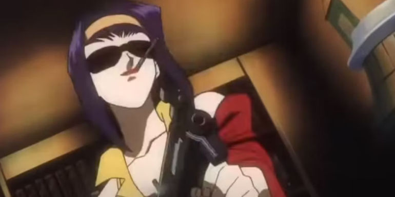 Faye smokes while firing a gun in Cowboy Bebop