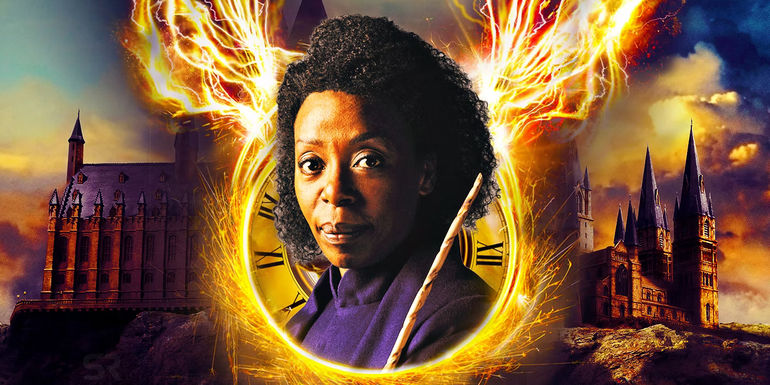 Noma Dumezweni as Hermione Granger in the Harry Potter and the Cursed Child play over an image of Hogwarts
