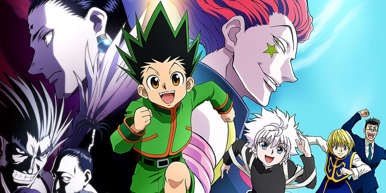 Hunter x Hunter's full cast against a blue background, with Gon and Killus running towards center frame and Hisoka menacingly watching in the background.