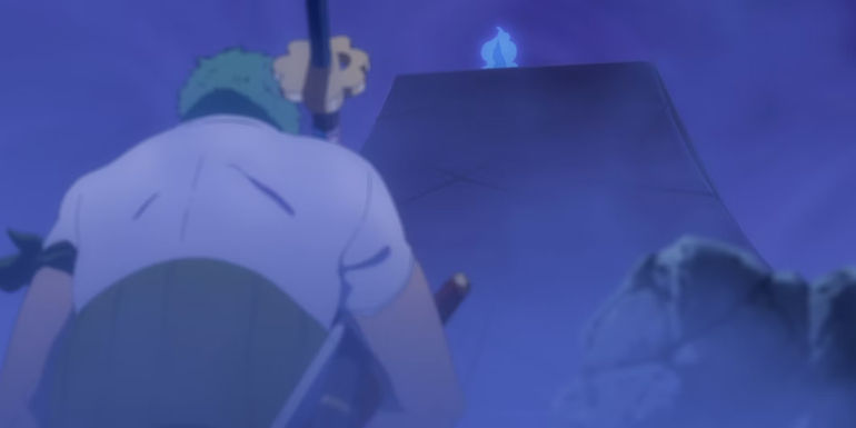 Screenshot from Monsters anime shows Zoro sitting with his back to the frame while Ryuma's sword is resting against his front. Ryuma's corpse surrounded by a blue aura can be seen high above.