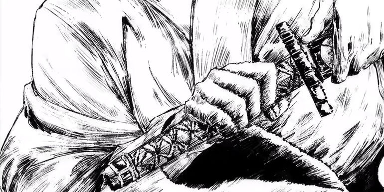 Screenshot from Monsters anime shows a black and white image of Ryuma unsheathing his sword, drawn with think black lines.