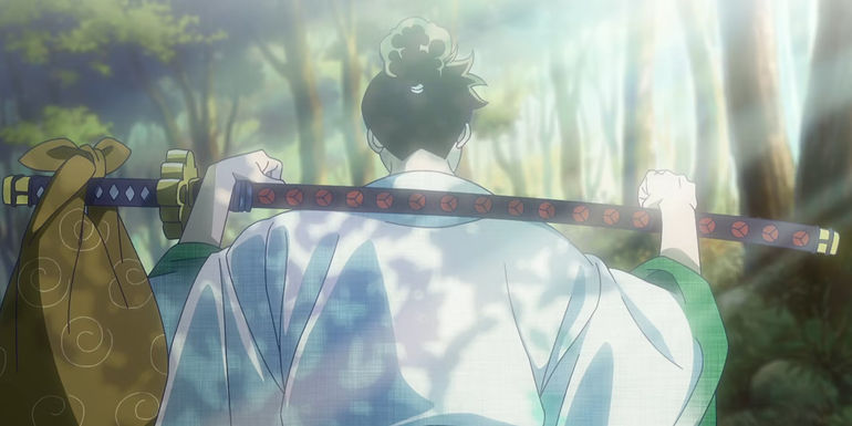 Screenshot from Monsters anime shows Ryuma walking into a forest with his katana being held over his shoulders.