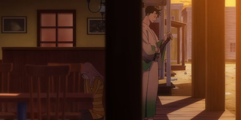Screenshot from Monsters anime shows Ryuma standing outside of a bar while a girl is seen crying on the floor on the opposite side inside of the bar.