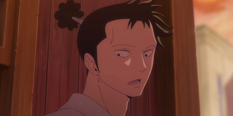 Screenshot from Monsters anime shows Ryuma looking concerned while he and Flare hid around the corner of a building.