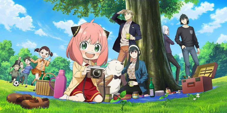 SPYxANYA Operation Memories official art with the Spy X family on a picnic blanket with other characters nearby