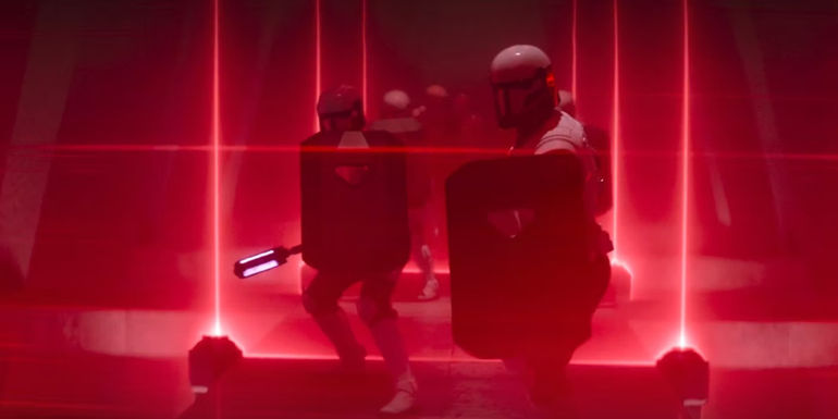 Supercommandos standing behind a Shield Barrier in The Mandalorian Season 3