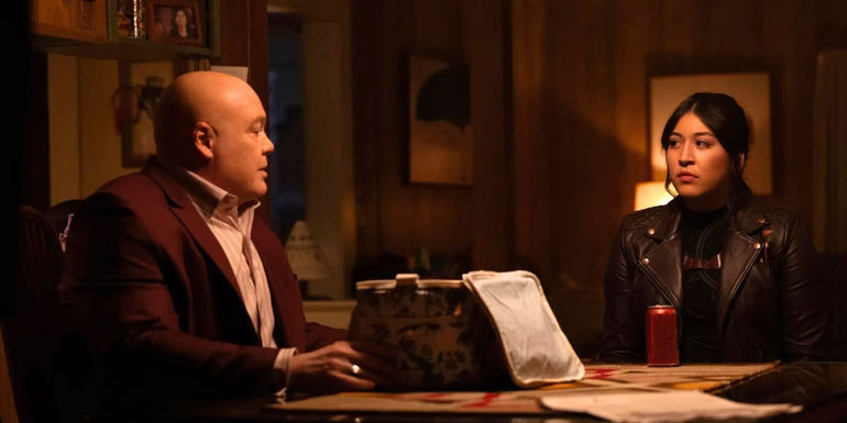 William Fisk (Vincent D'Onofrio) sitting and talking with Maya Lopez (Alaqua Cox) in Echo