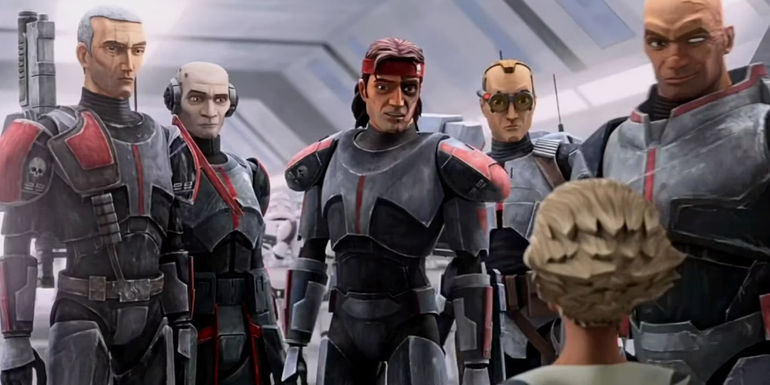 Crosshair, Echo, Hunter, Tech, Wrecker, and Omega all together in Star Wars: The Bad Batch
