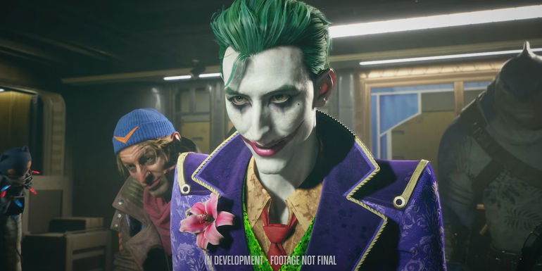 Suicide Squad Kill the Justice League Joker looking menacingly in front of crew medium close-up