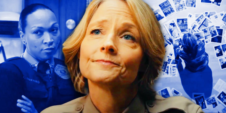 An image of Liz Danvers in True Detective: Night Country over a shot of Navarro and a shot of her looking at photos