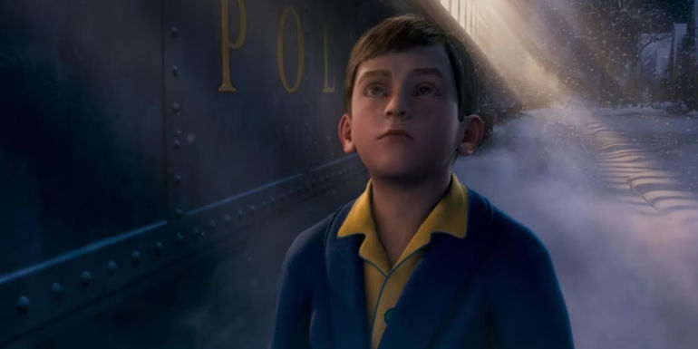 Hero Boy looking up next to the train in The Polar Express