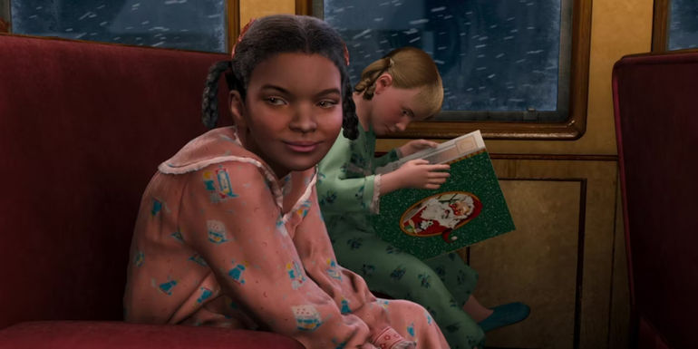 Hero girl and another child reading a book in The Polar Express