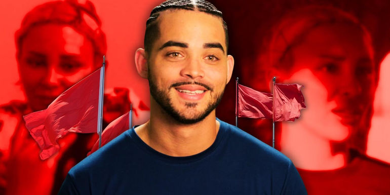 Rob Warne from 90 Day Fiancé wearing a blue t-shirt and smiling wide, surrounded by faded photos of Sophie and a red flag symbols