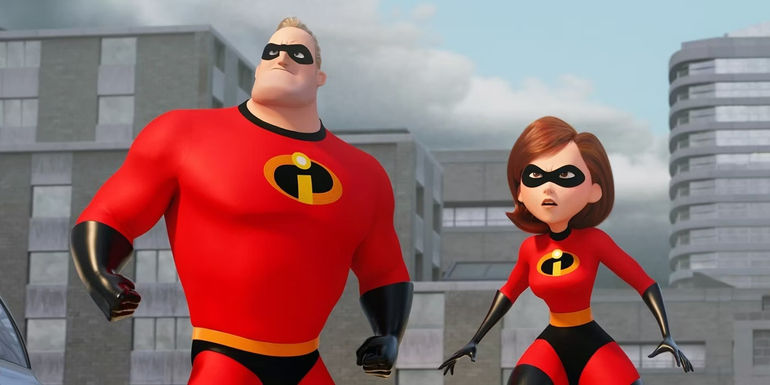 Mr. and Mrs. Incredible in a scene from The Incredibles 2.