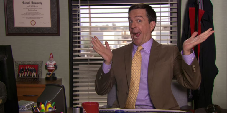 Andy bernard celebrating his promotion to manager in The Office
