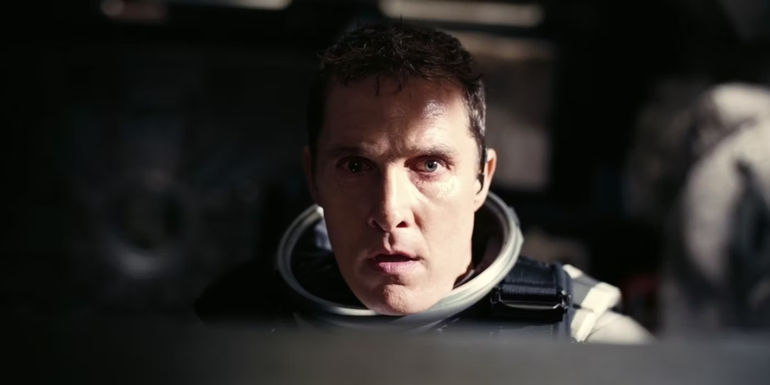Matthew McConaughey as Joseph Cooper concentrates in Interstellar.
