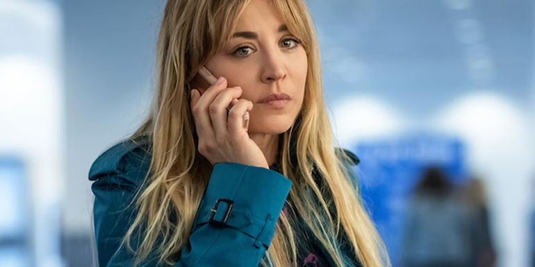 Kaley Cuoco as Cassie on the phone in The Flight Attendant