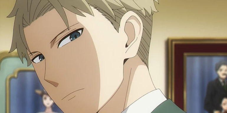Loid Forger in Spy X Family anime making a concerned expression while glancing behind him.