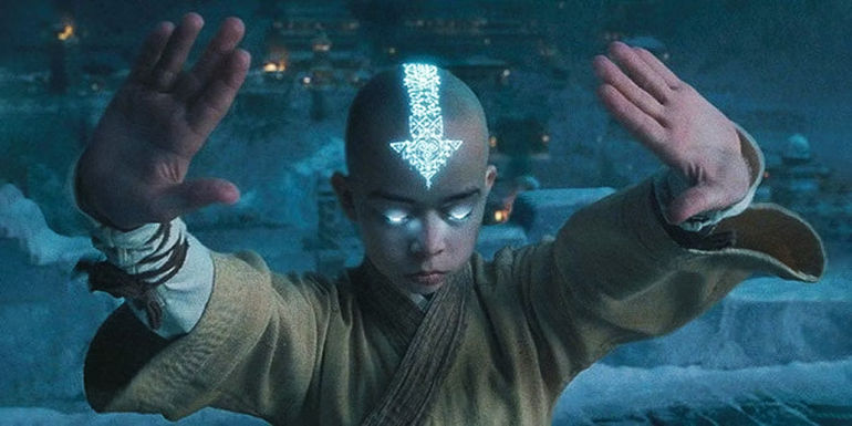 Aang air bending with palms up in The Last Airbender movie