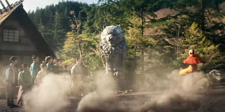 Aang sitting on an airball, in the new live action Avatar The Last Airbender movie