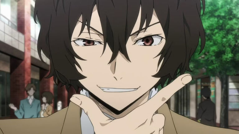 Dazai in Bungou stray dogs smirking and touching his hand to his chin.