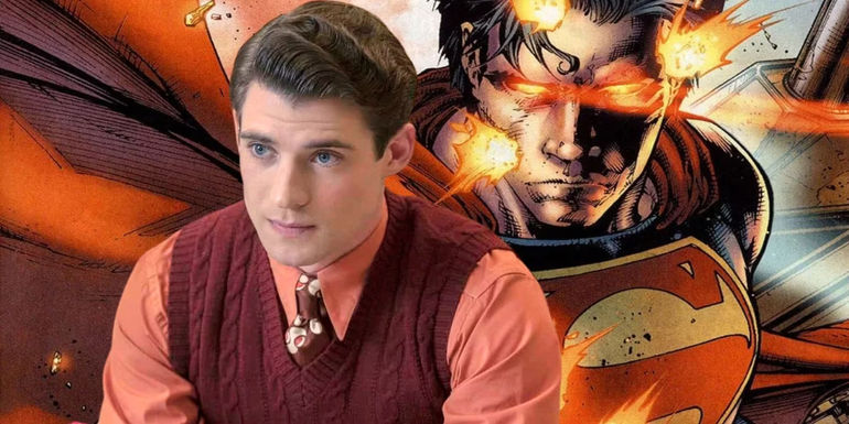 David Corenswet in front of DC Comics Superman