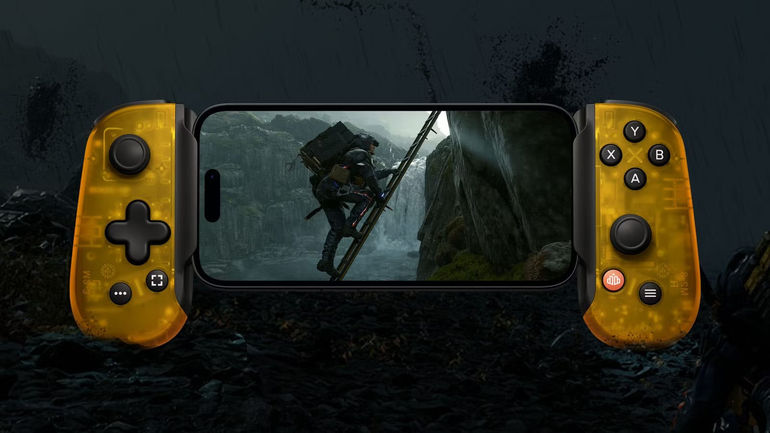 A promotional image of the limited-edition Death Stranding Backbone controller from the front with a phone inserted into it.