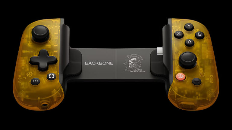 A promotional image of the limited-edition Death Stranding Backbone controller from the front without a phone.