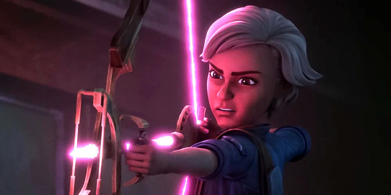 Omega aims her bow with an angry expression in The Bad Batch season 2