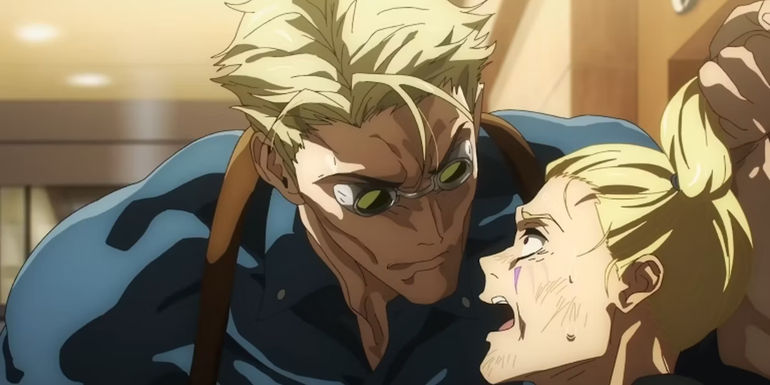 Nanami gets serious in Jujutsu Kaisen, pulling back a young man's ponytail and frowning.