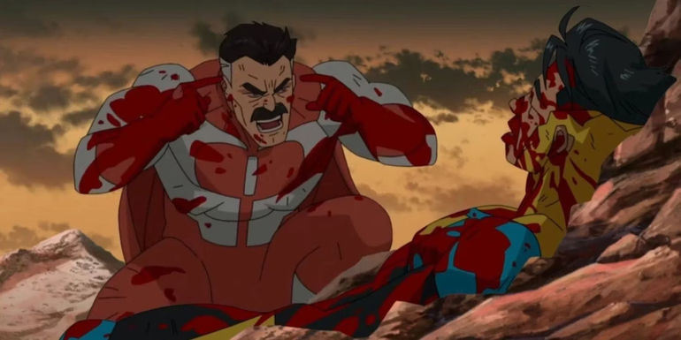 Omni-Man yells in front of a bloody and beaten Mark Grayson in Invincible