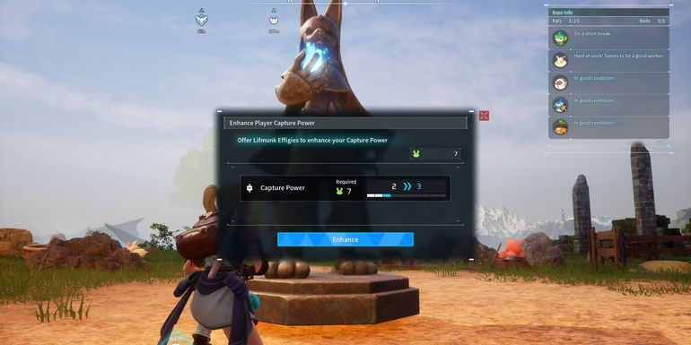 Image of a character's capture power being enhance at the Statue of Power in Palworld