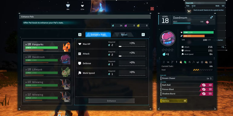 Image of some Pals having their stats enhanced at the Statue of Power in Palworld