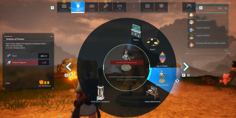 Image of the Statue of Power in the build menu in Palworld