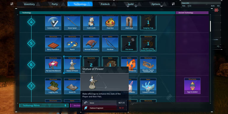 Image of the Statue of Power under the technology menu in Palworld