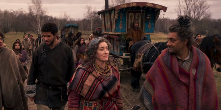 Perrin walks with the Tuatha'an in The Wheel of Time season 1.