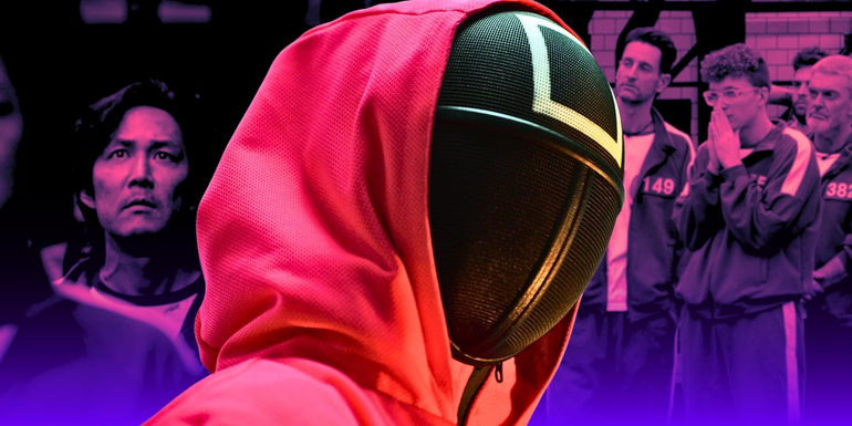 Gi-hun in Squid Game, a masked guard, and participants of Squid Game: The Challenge