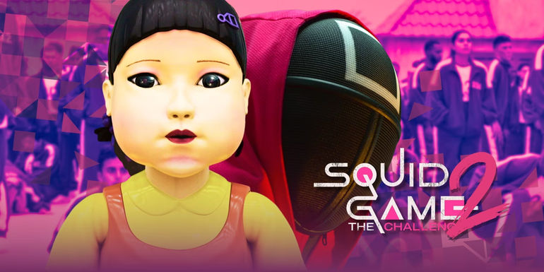 Squid Game's Young-hee and a masked guard in front of a Squid Game The Challenge still