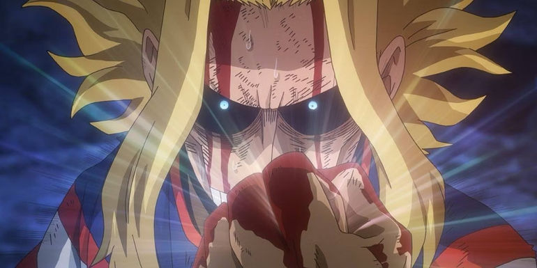 All-Might with blood on his fist and face in My Hero Academia.