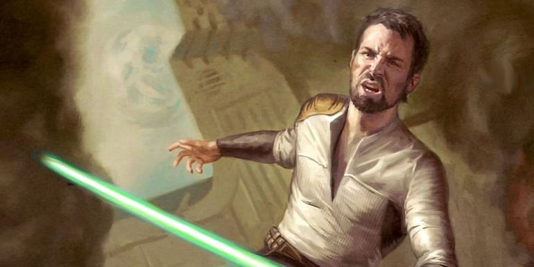 Kyle Katarn with Qu Rahn's lightsaber in Star Wars Legends.