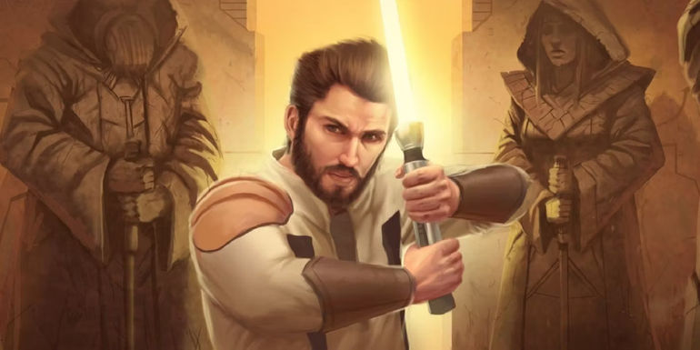 Kyle Katarn with Yun's lightsaber in Star Wars Legends.